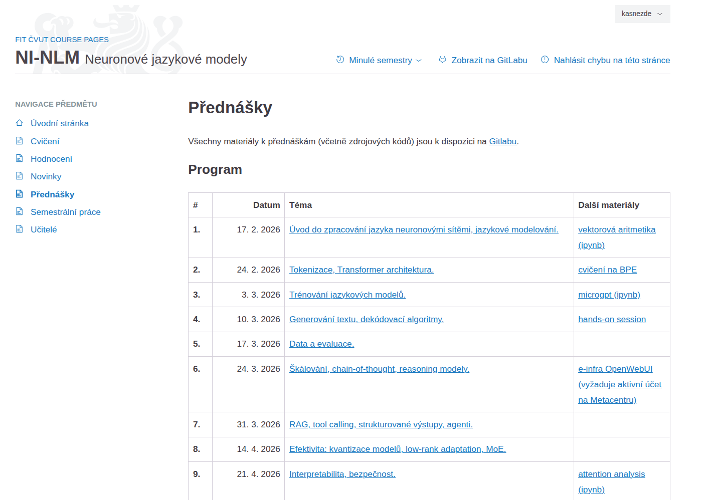 Stránka předmětu NI-NLM s programem přednášek